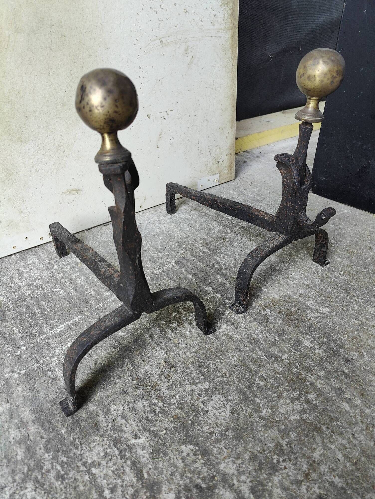 Pair of fire dogs - wrought iron and brass