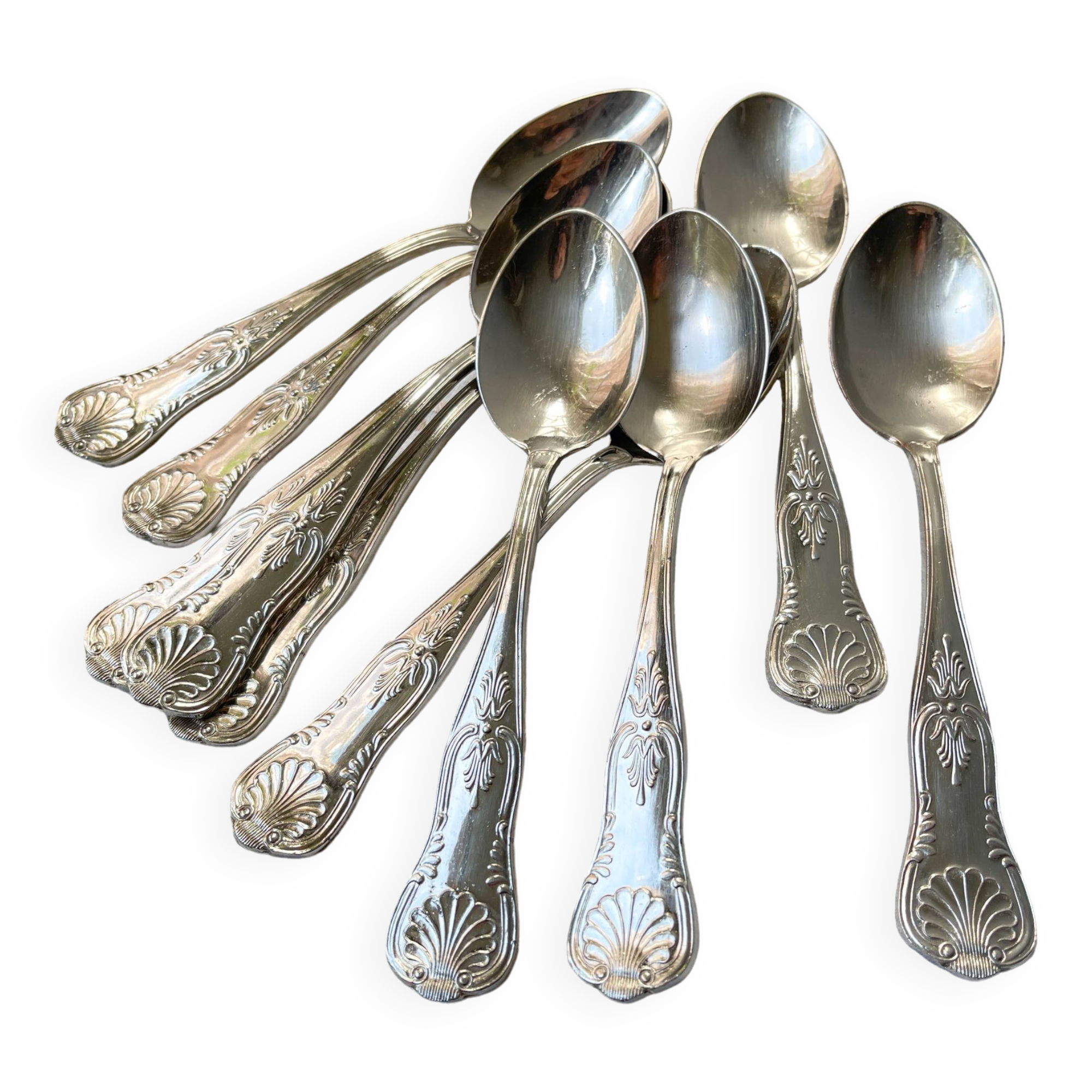 10 Vintage Rocaille Style Metal Soup Spoons