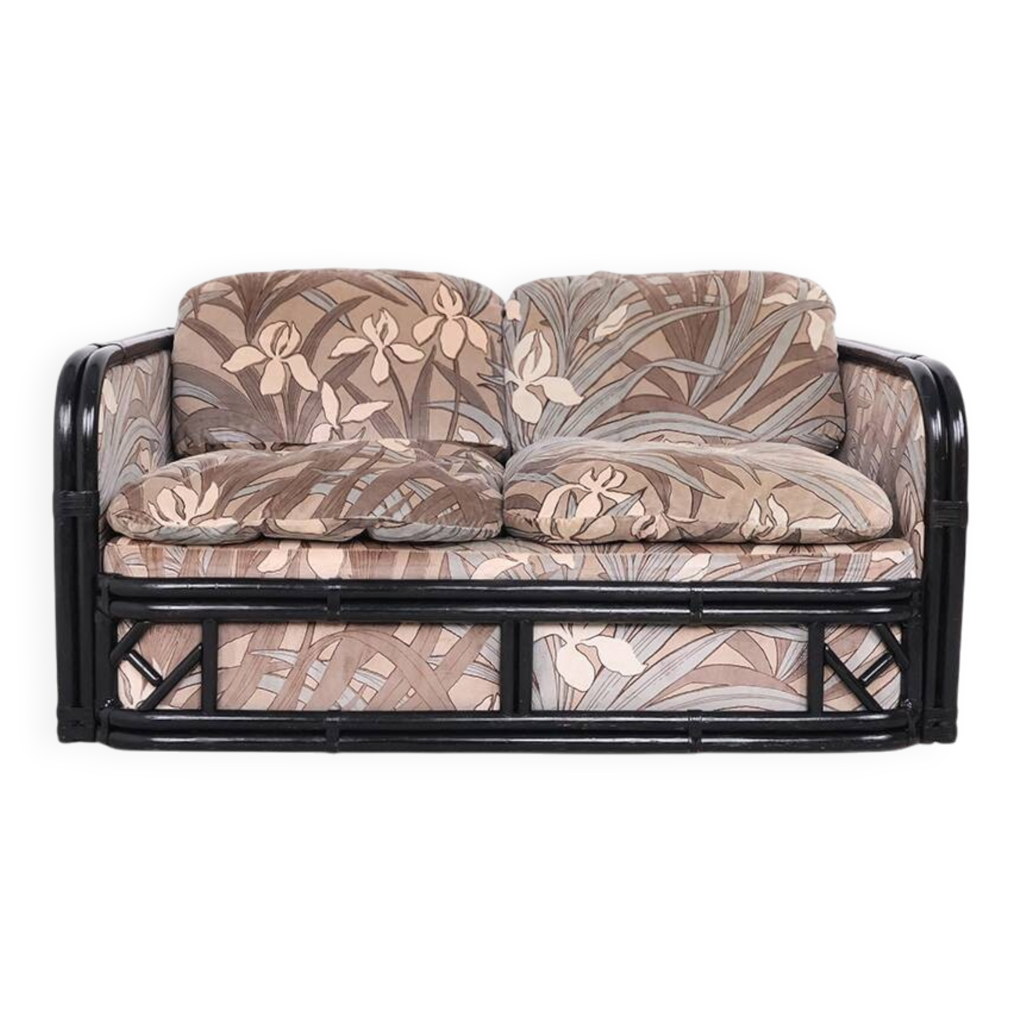 Sofa vintage en bambou 2 places avec tissu en velours floral, années 1970.