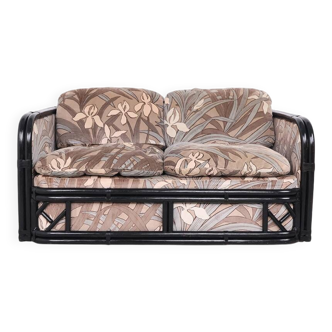 Vintage bamboo 2 seater sofa with floral velvet fabric, 1970s