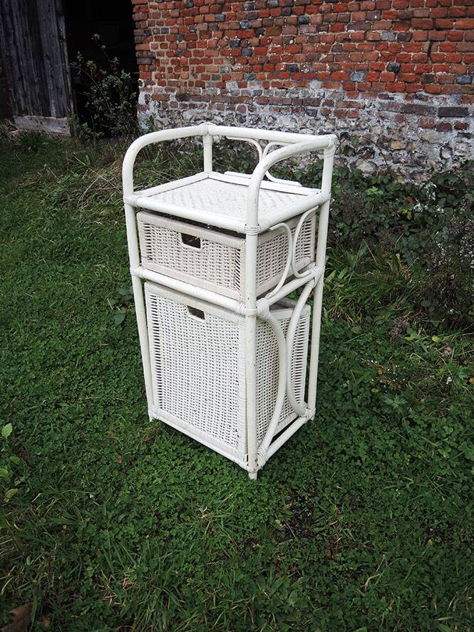 Old White Rattan Linen Cabinet