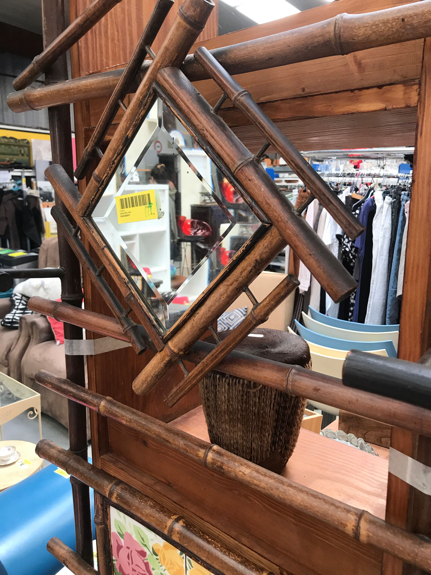Bamboo coat rack and 1950s mirror