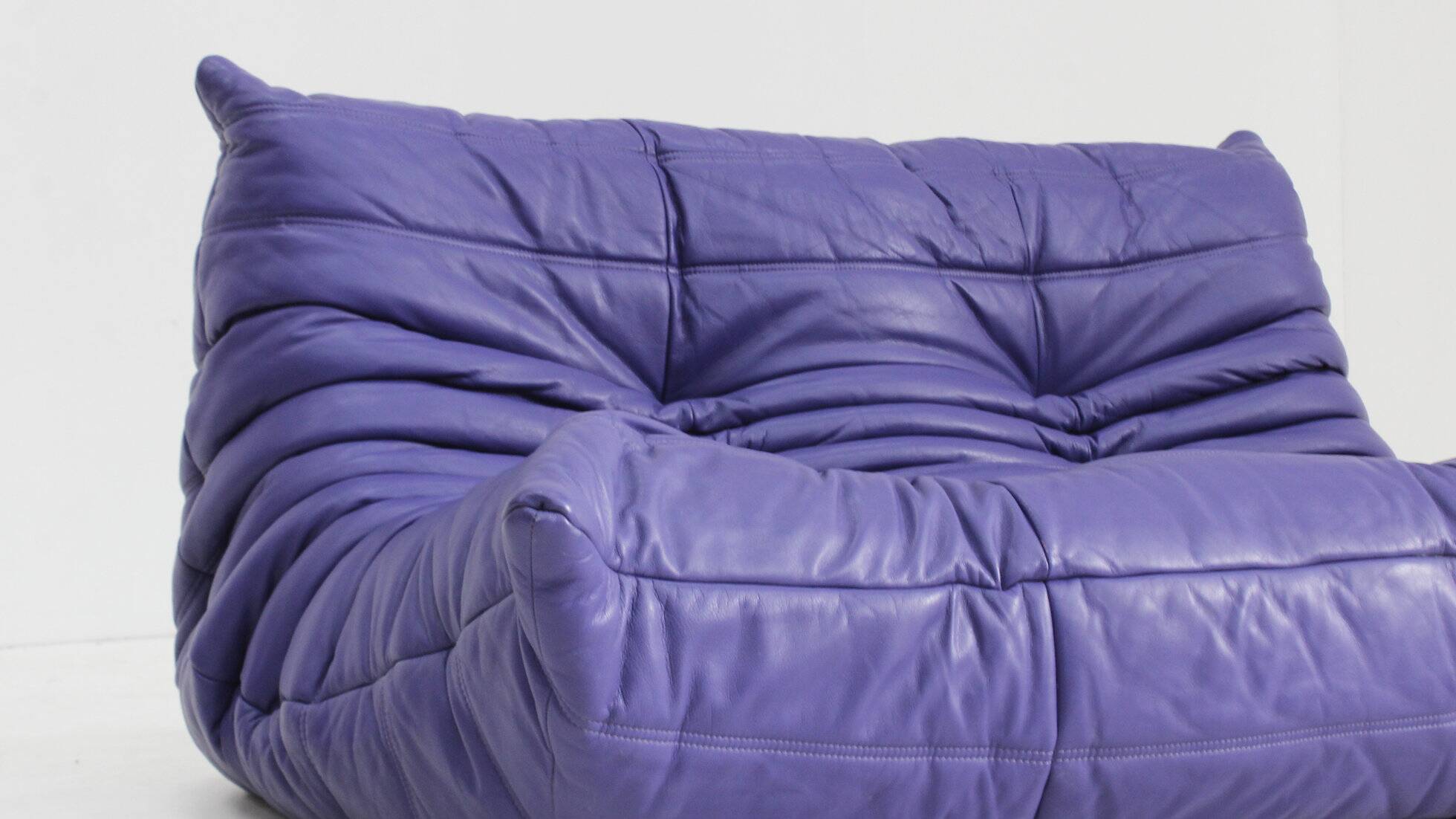 Vintage purple leather Togo 2 seater sofa by Ligne Roset 1990s