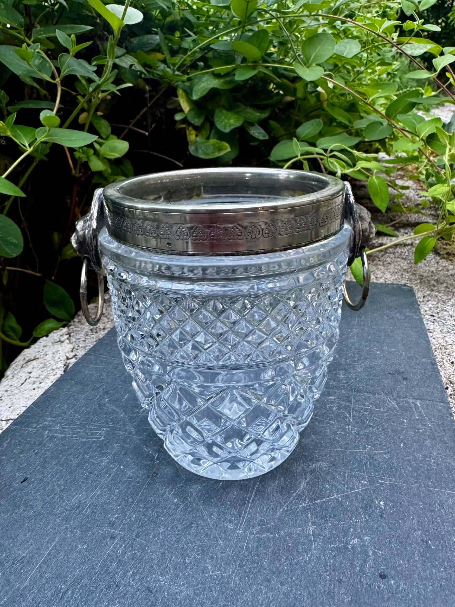 Val Lambert crystal and silver-plated ice bucket with hallmark from the 1950s.