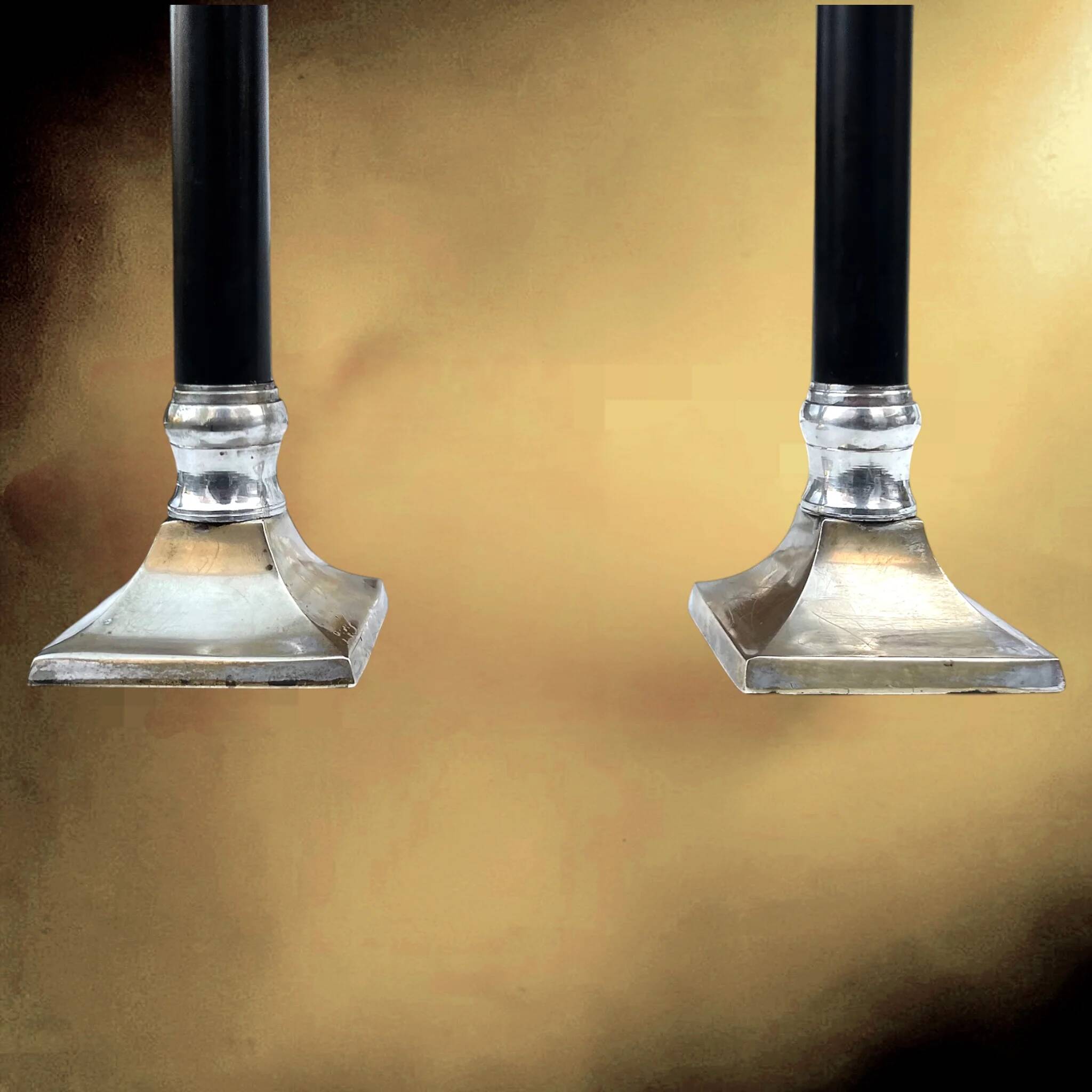 Pair of Art Deco candlesticks in nickel-plated metal and black column – 1930s