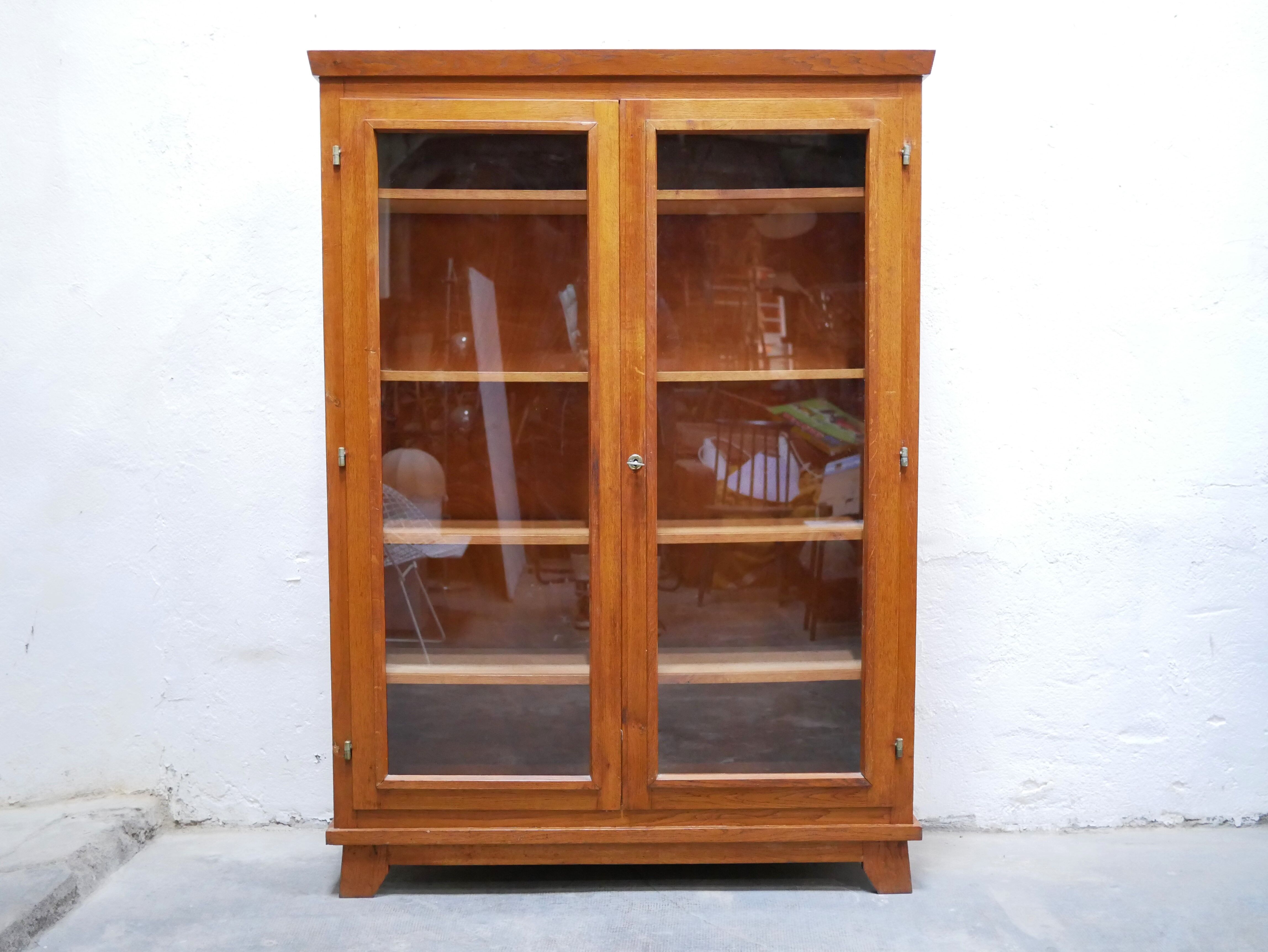 Vintage wooden glass bookcase cabinet