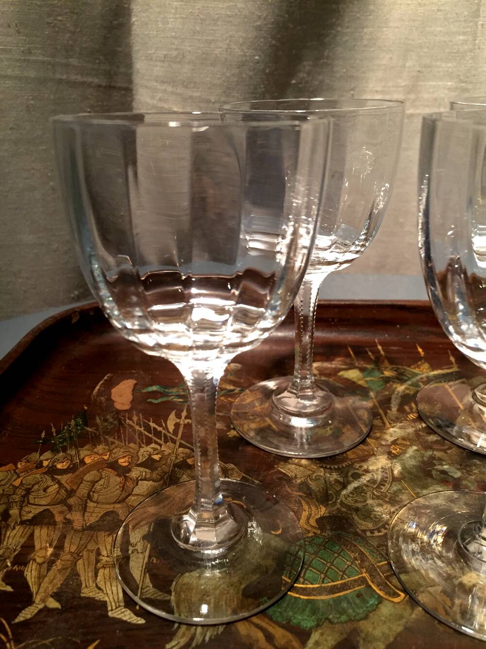 Set of 5 faceted crystal liqueur glasses with pearl legs