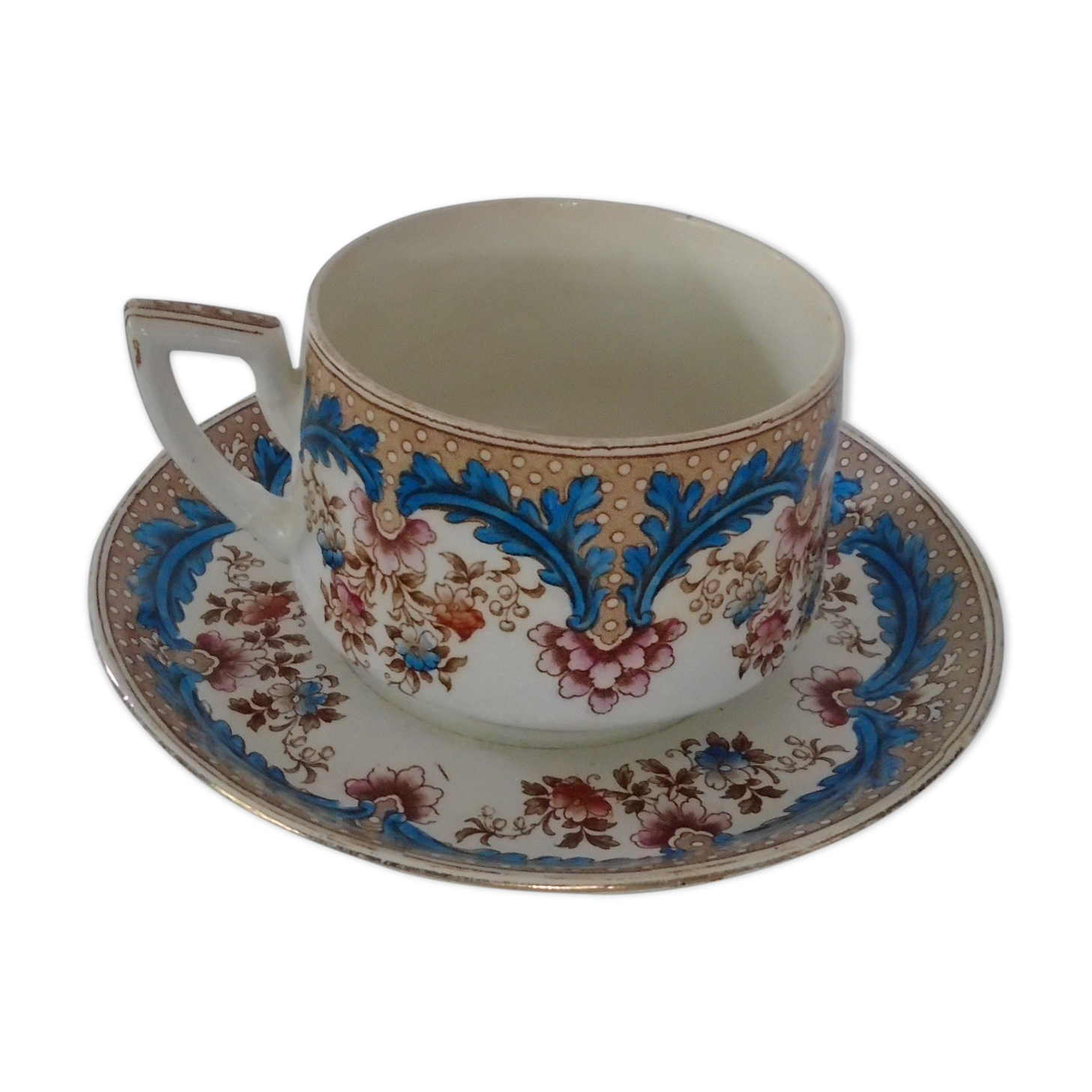 Cup and saucer floral décor faience fine BFK Boch Brothers Keramis old