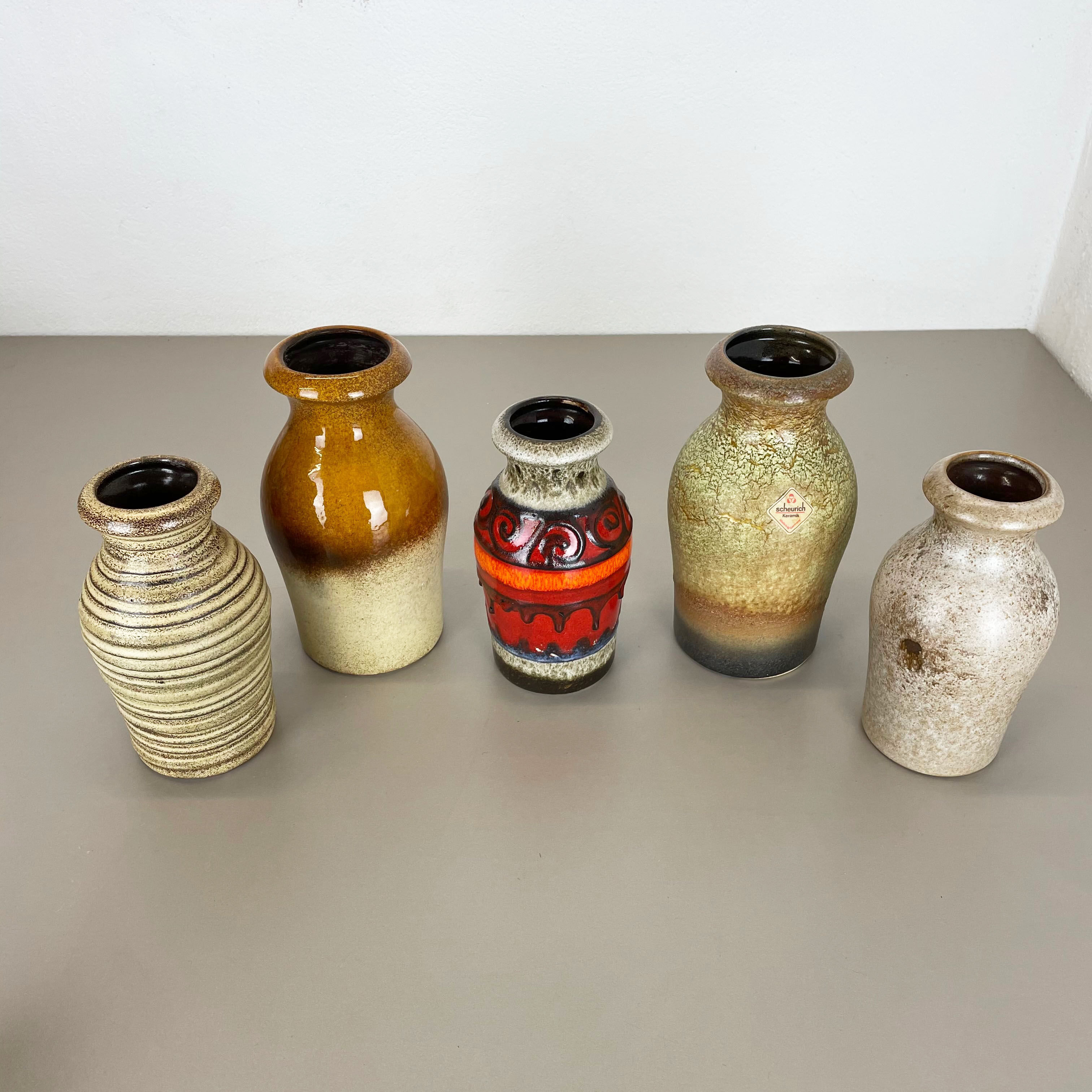 Set of five vintage pottery fat lava vases made by scheurich, germany, 1970s