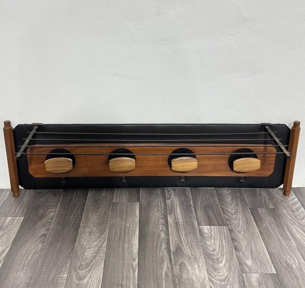 Mid-Century Scandinavian Teak and Leather Wall Coat Rack, 1960s