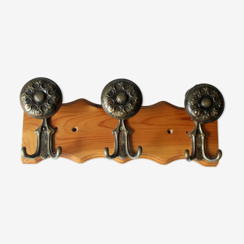 Solid wooden coat rack with 3 brass hooks, vintage from the 1970s