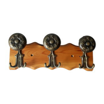 Solid wooden coat rack with 3 brass hooks, vintage from the 1970s