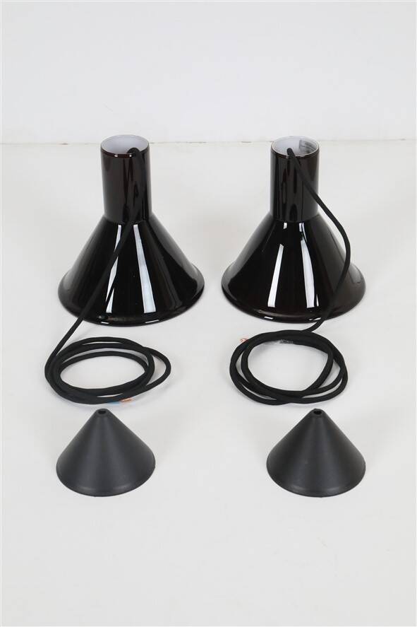 Set of 2 Holmegaard / Michael Bang 'Mini P&T' pendant lamps / handmade glass / red / black / 1970s