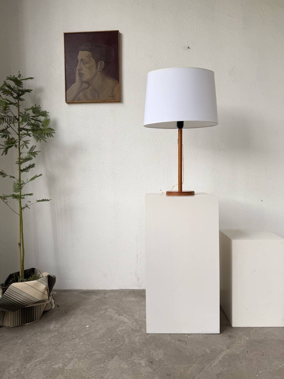 70s oak wood table lamp