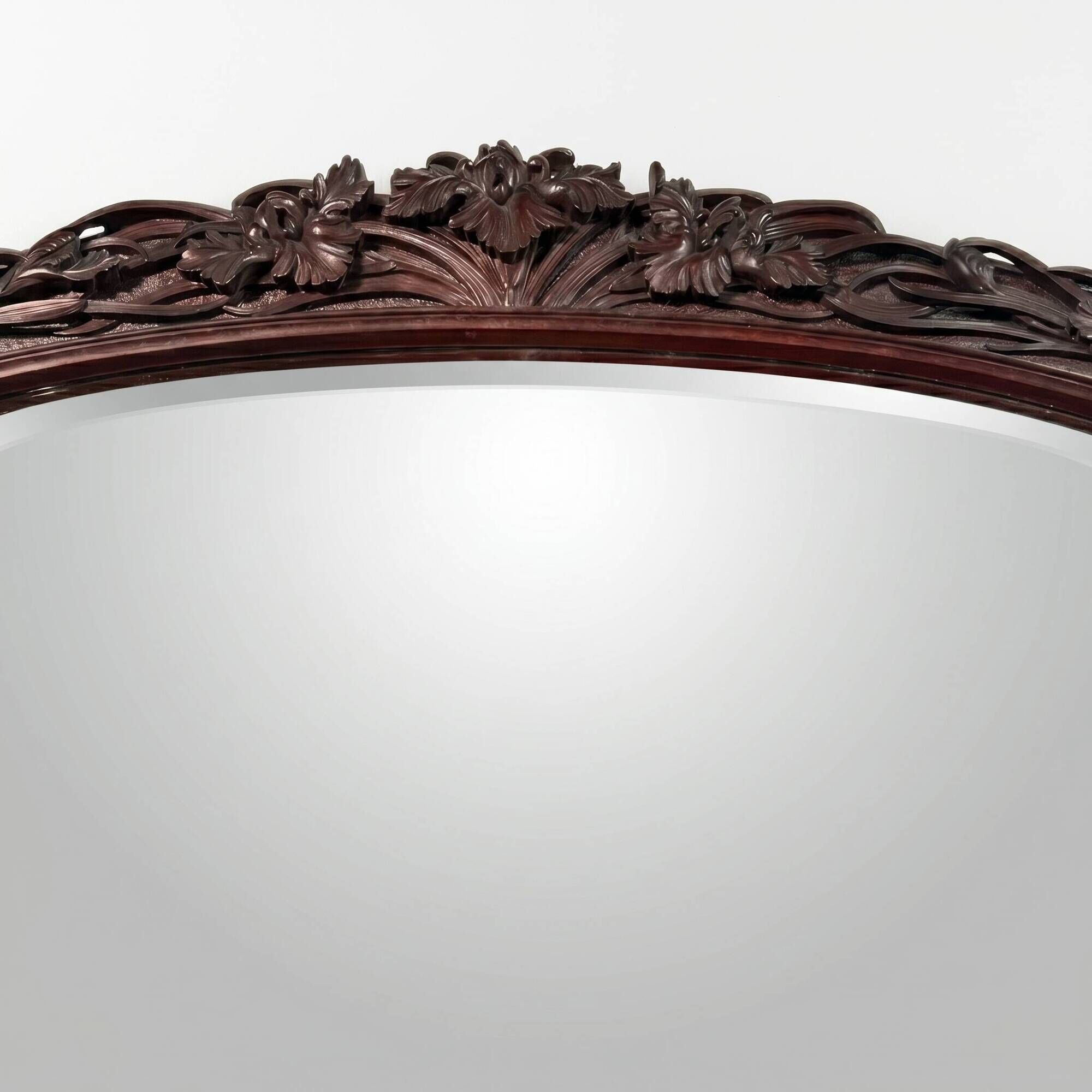 Large mirror (2 metres) Art Nouveau in carved mahogany with high-relief decoration.