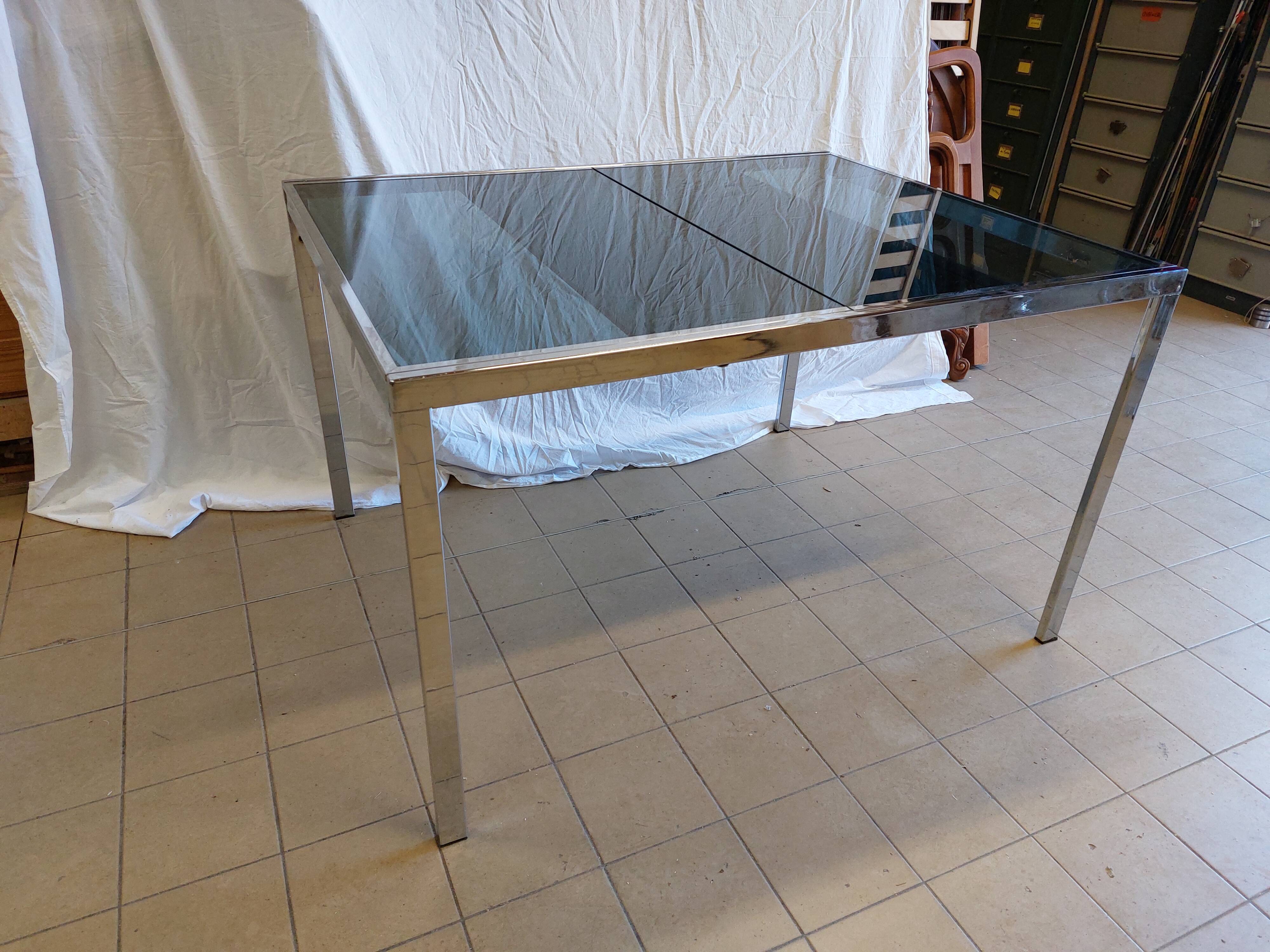 Table vintage extensible verre teinté et chrome Milo Baughman - Années 70