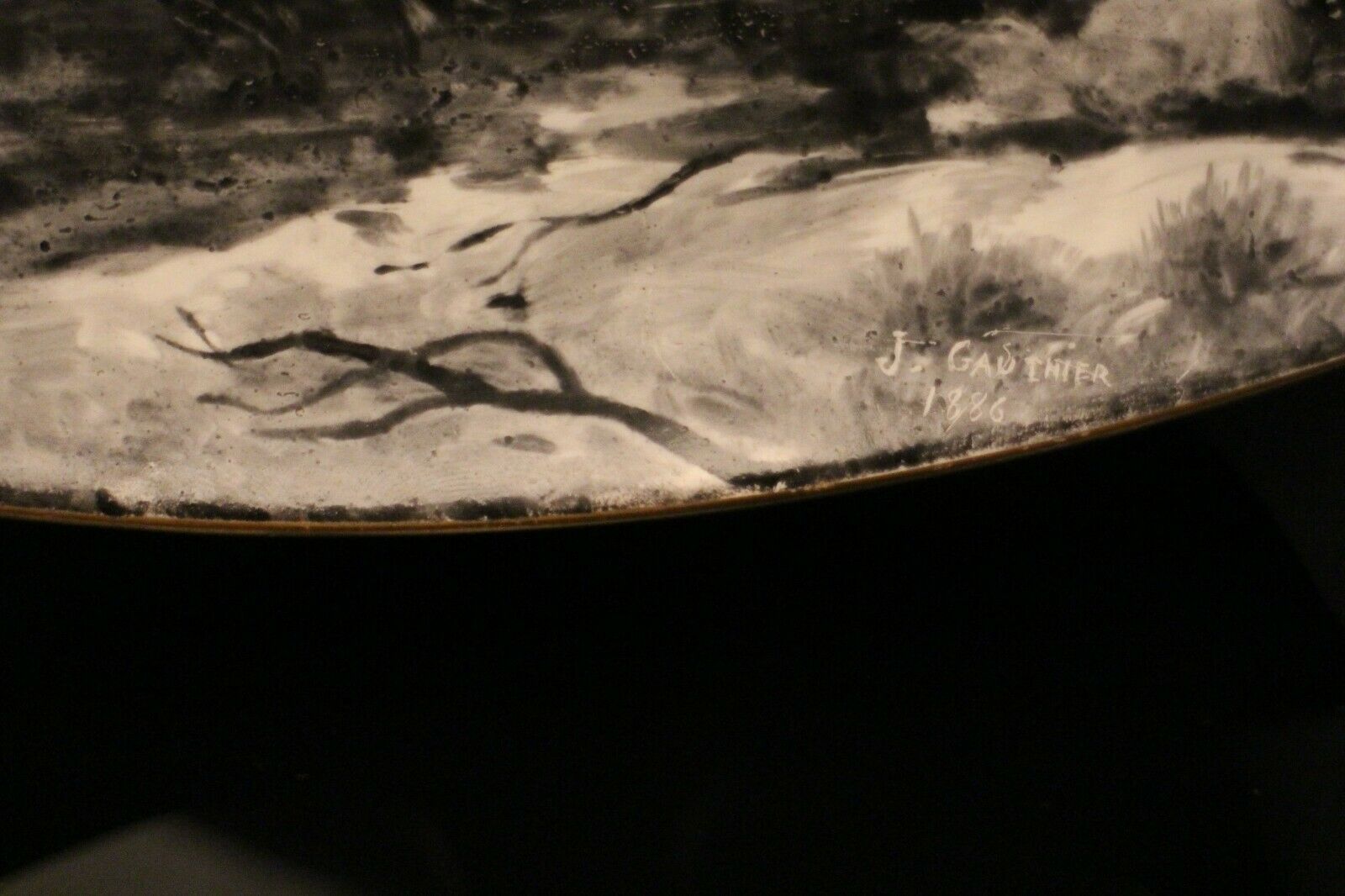 Important earthenware dish Creil Montereau forest Fontainebleau signed Gauthier 1886