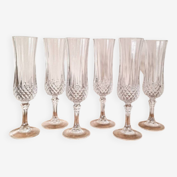 6 crystal Champagne flutes, Cristal d'Arques, Longchamp model