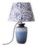 Mid-century modern blue ceramic table lamp with new Liberty London floral shade.