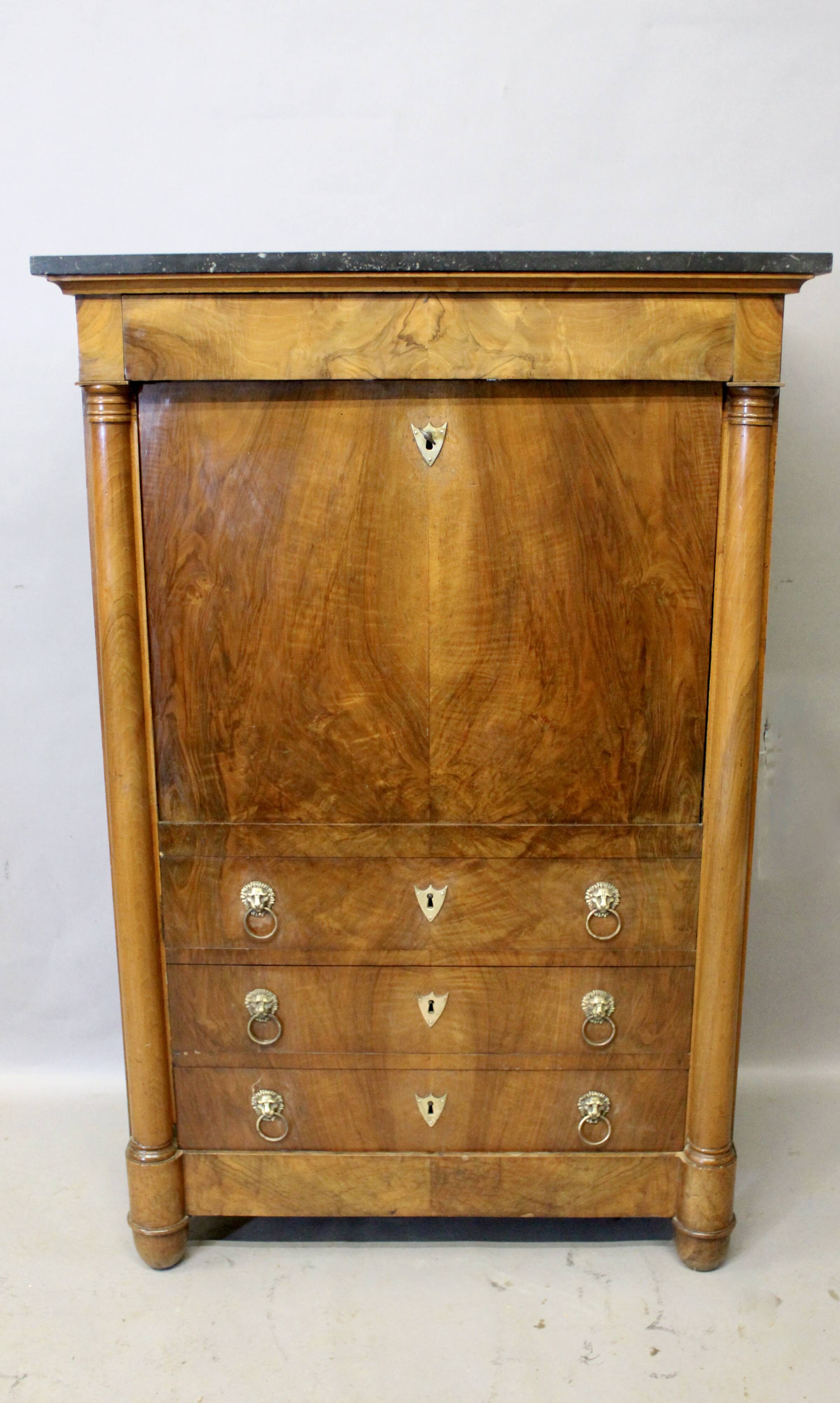 Empire secretary desk in walnut with black marble top