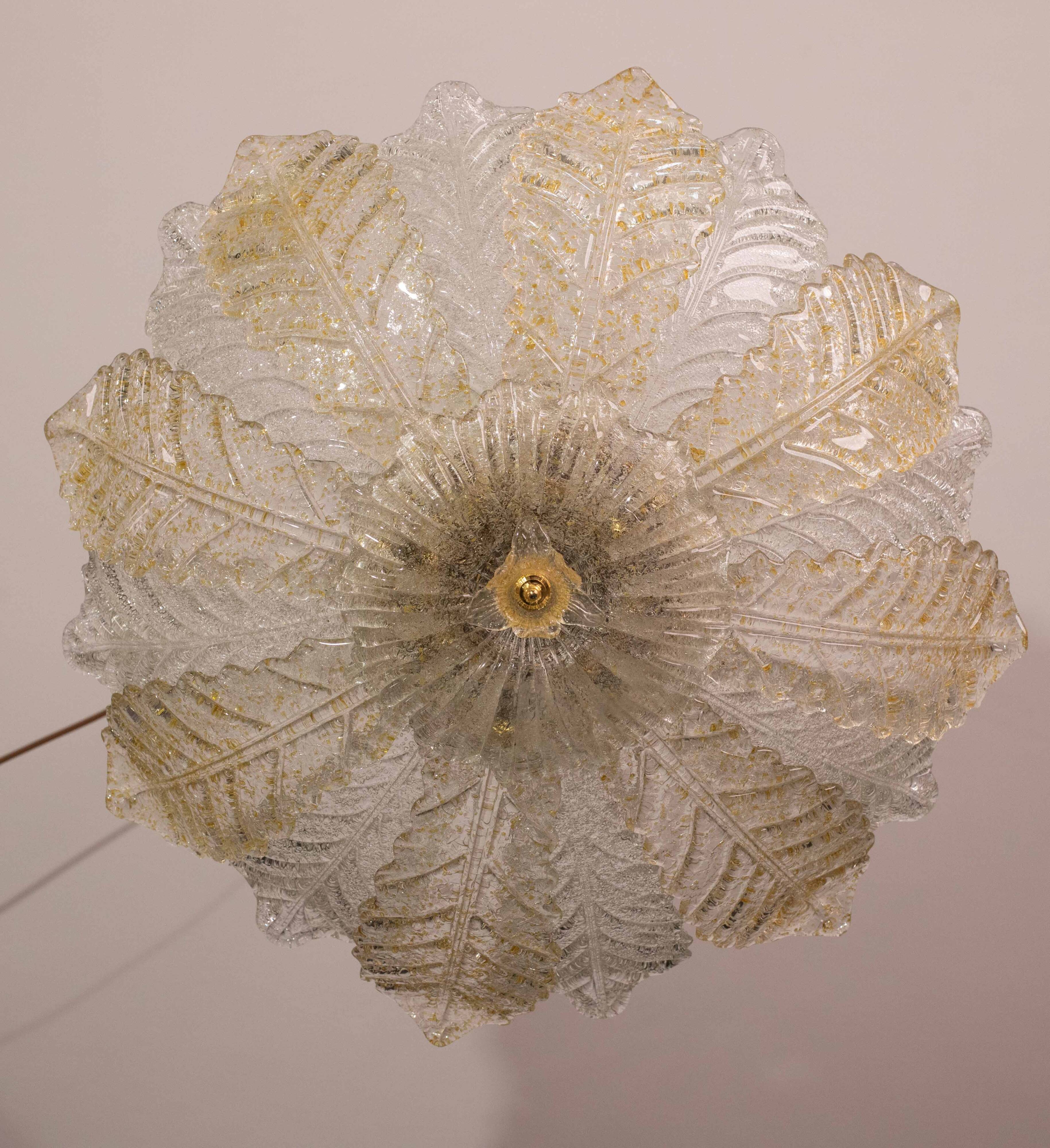 Murano Glass Gold and Transparent Leaves Chandelier or Flush Mount, 1970s