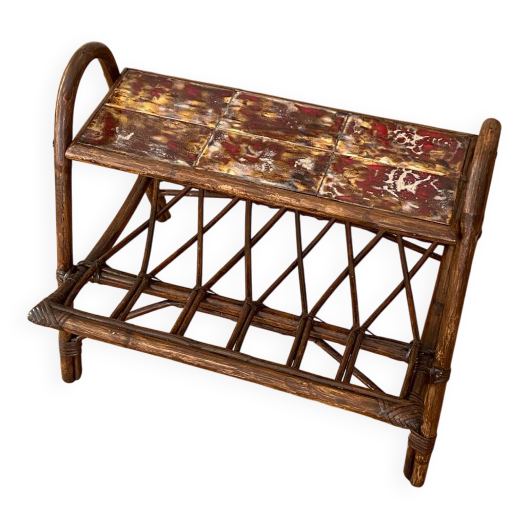 Rattan magazine rack, shelf with ceramic tiles R. Capron