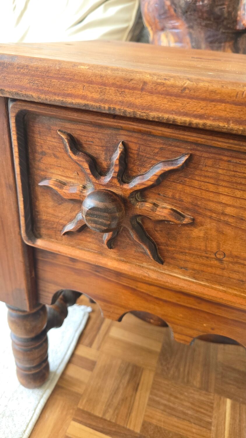 Folk Rustic Sun-Carved Nightstand sidetable cupboardsolid wood chunky