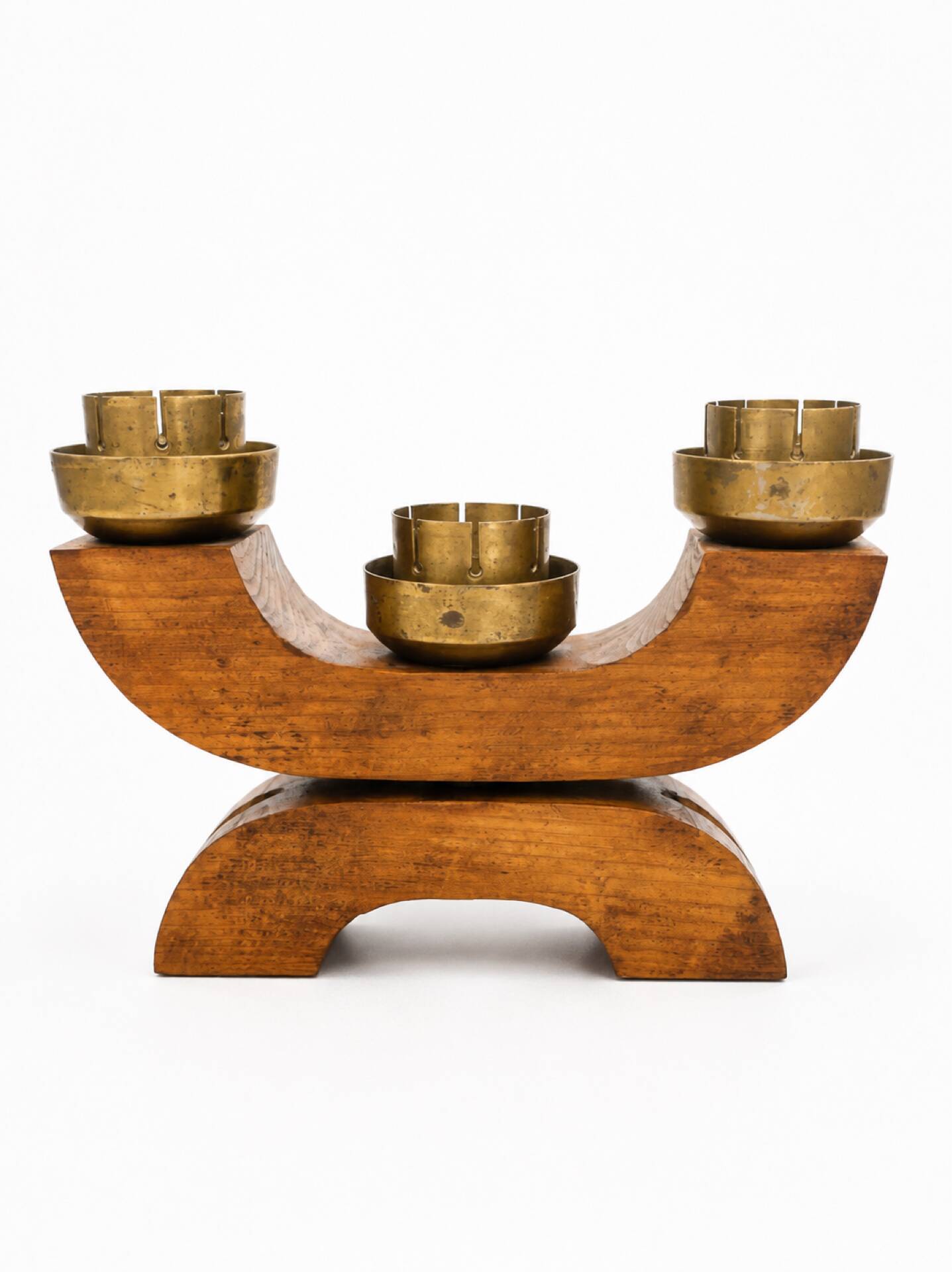 Vintage Art Deco Wooden Candle Holder Mid-Century Sculptural Brass Can