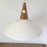 Scandinavian pendant lamp in teak and white metal 70s