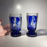 Bohemian crystal, set of 2 glasses, double-cut cobalt blue, ca 1900