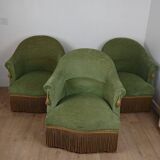 3 fauteuils crapaud en tissu vert