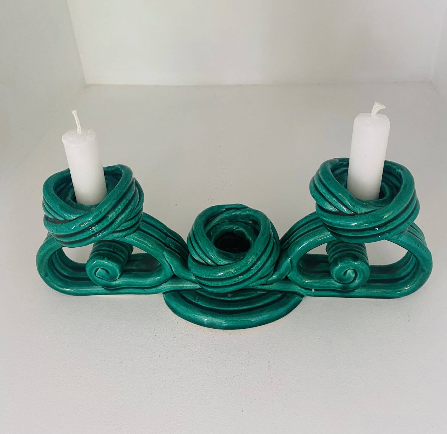 Twisted green ceramic candle holder from Vallauris 1950s