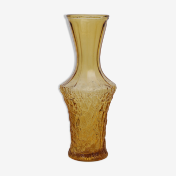 Yellow glass vase streaked and flared
