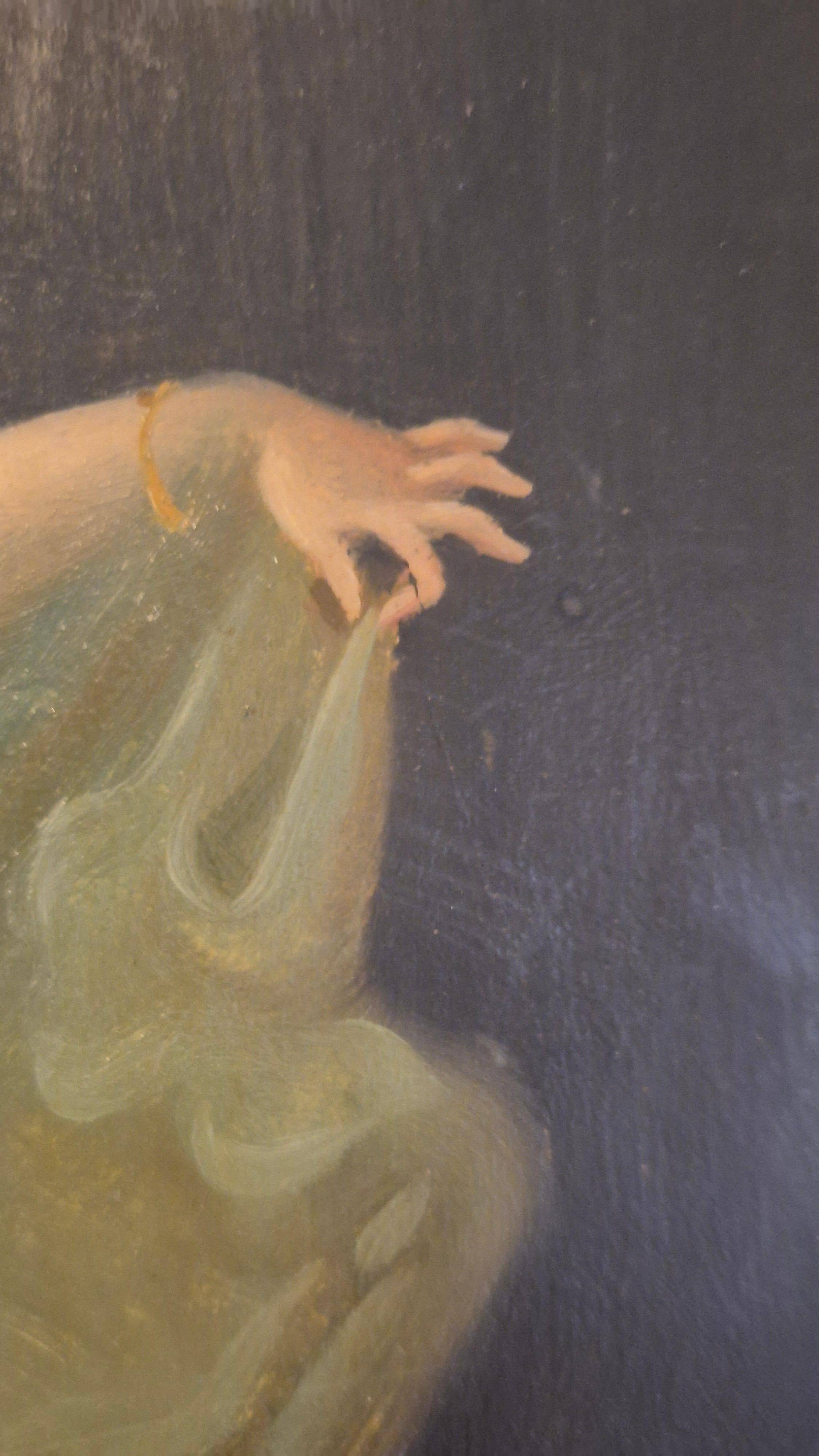 Pair of oil paintings in the neoclassical style depicting dancing nymphs dressed in transparent gowns, dating from the mid-19th century.