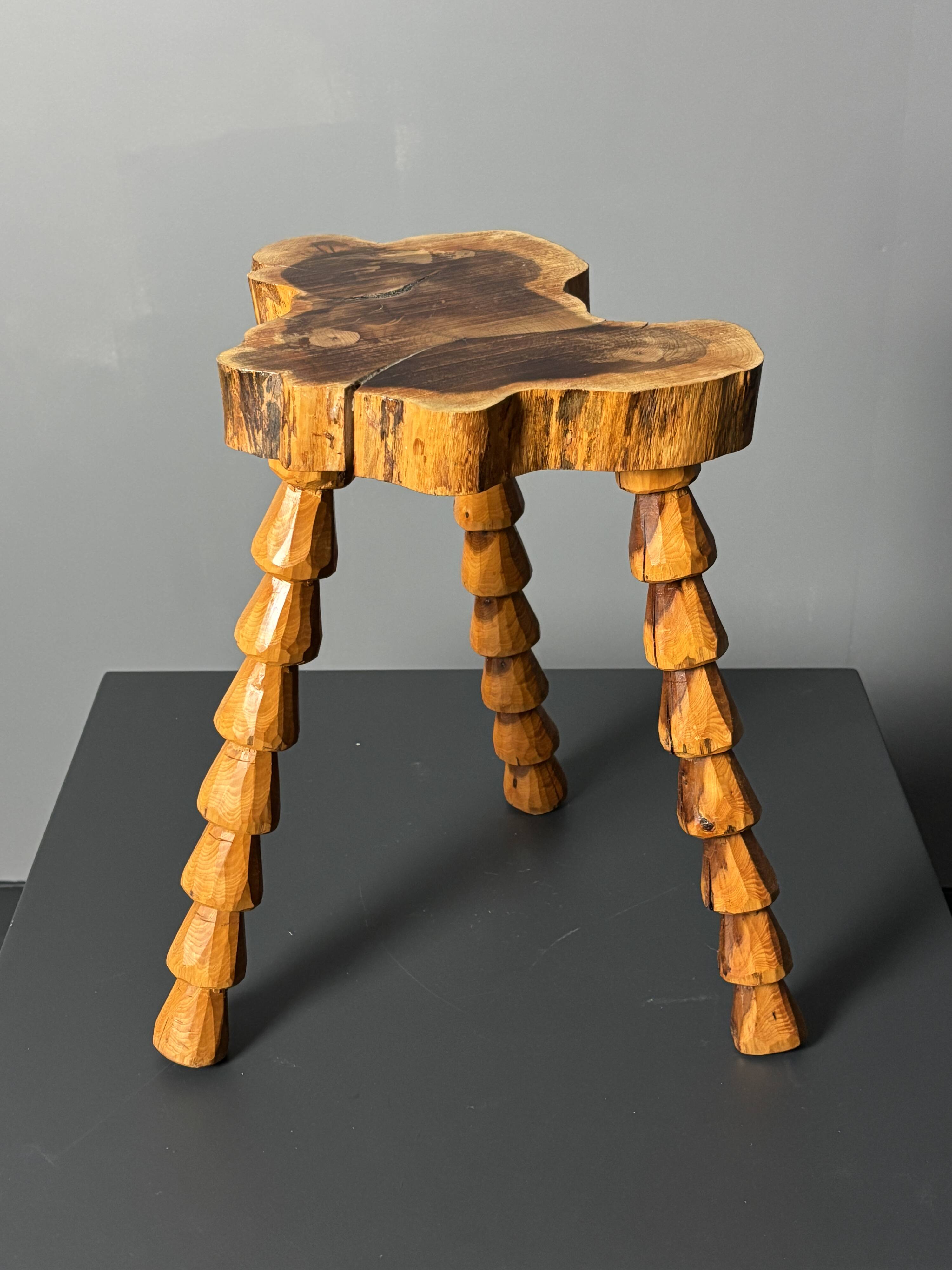 Midcentury brutalist artisanal wood turned handmade tripod stool, ca 1960s