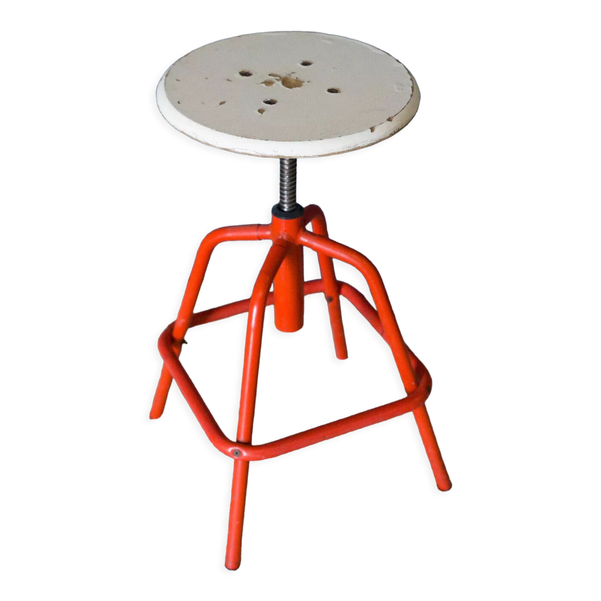 Screw stool red ironwork 1960 wooden seat