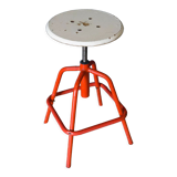Screw stool red ironwork 1960 wooden seat