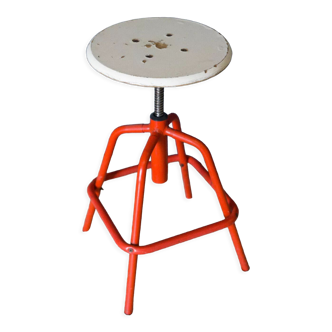 Screw stool red ironwork 1960 wooden seat