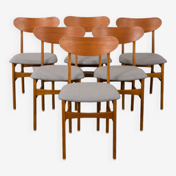 Ensemble de 6 chaises danoises vintage en teck et chêne en tissu de laine grise, 1960