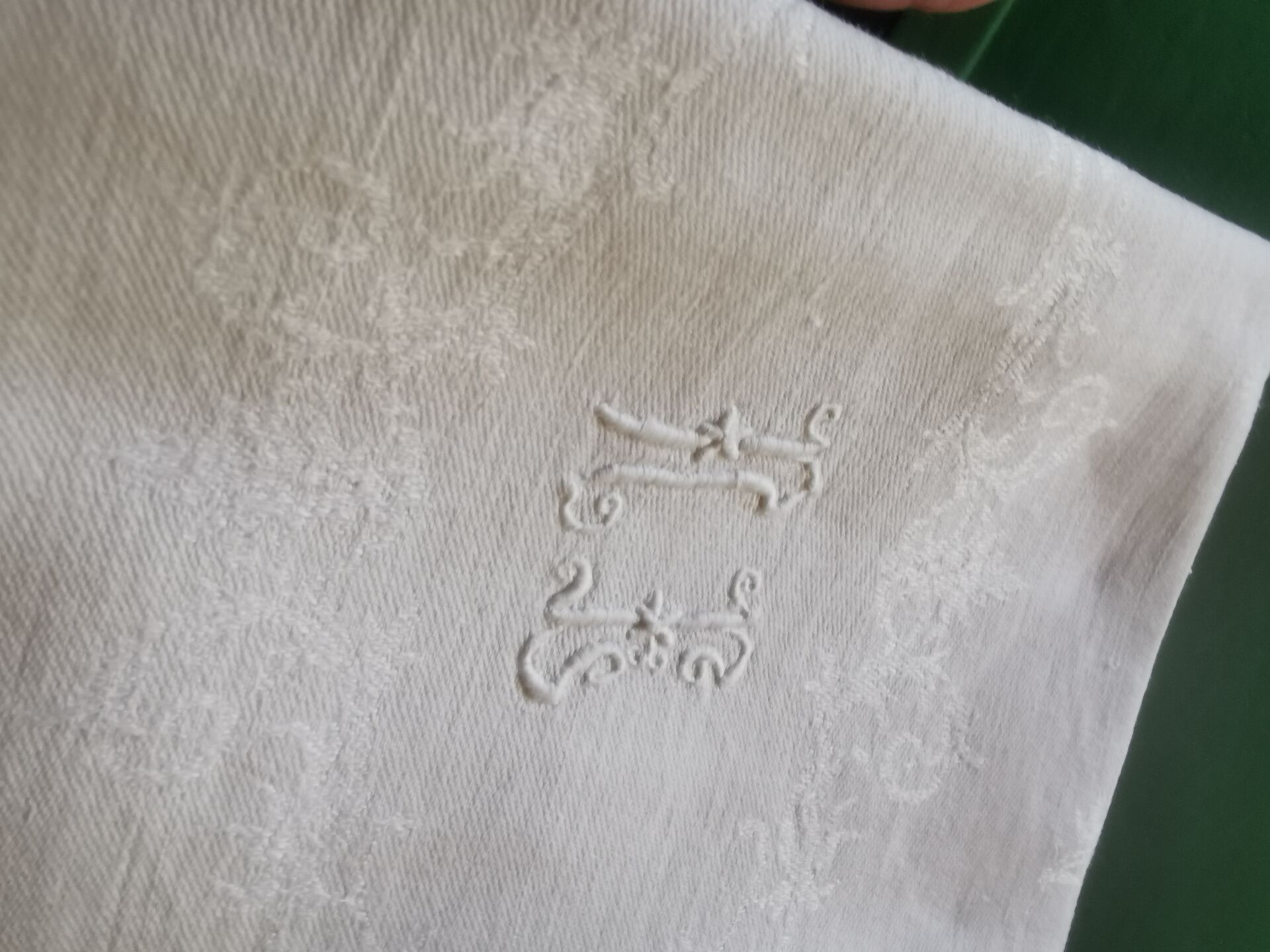 12 old damask linen napkins with monogram, 60x74 cm