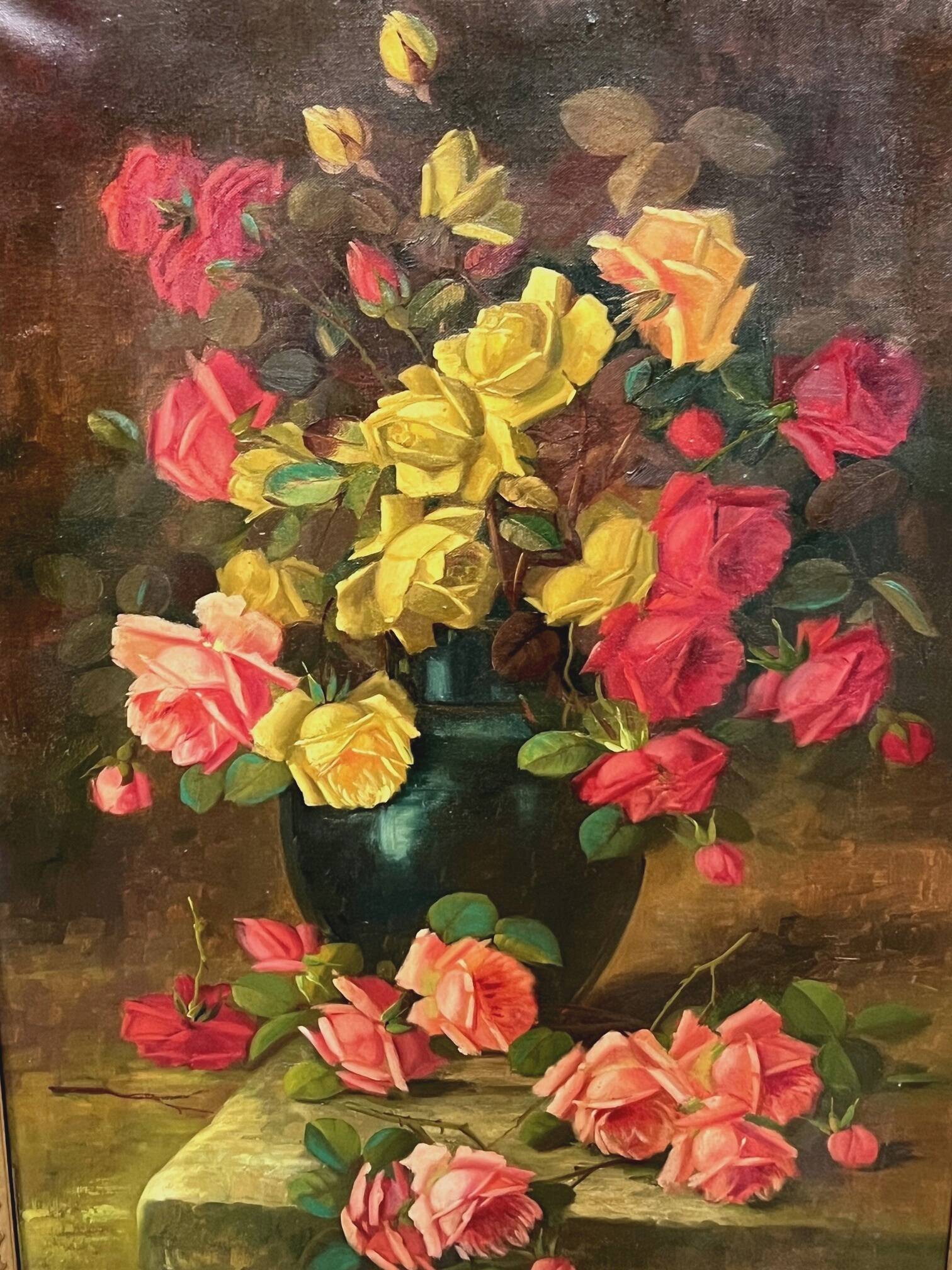 Old still life signed with roses.