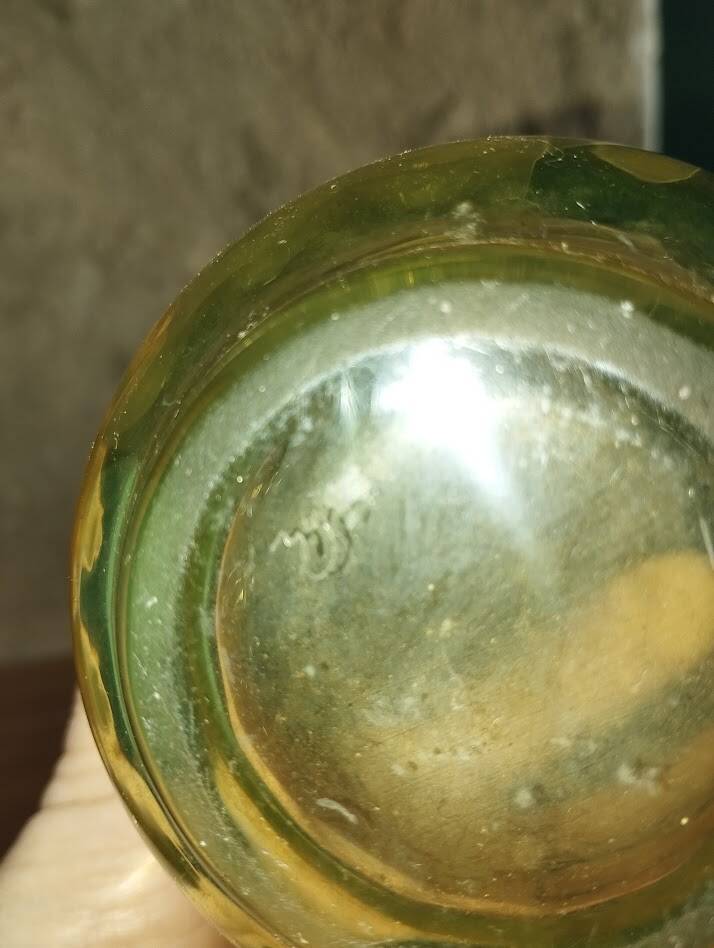 Vintage carafe in fluorine, signed 1930s–40s.