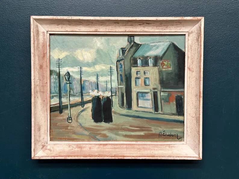 Original Swedish Oil on Panel – "Figures in the Street" by R. Eichburn – Signed – Dated 1936 – Framed – 47 × 39 cm (18.5" × 15.4")