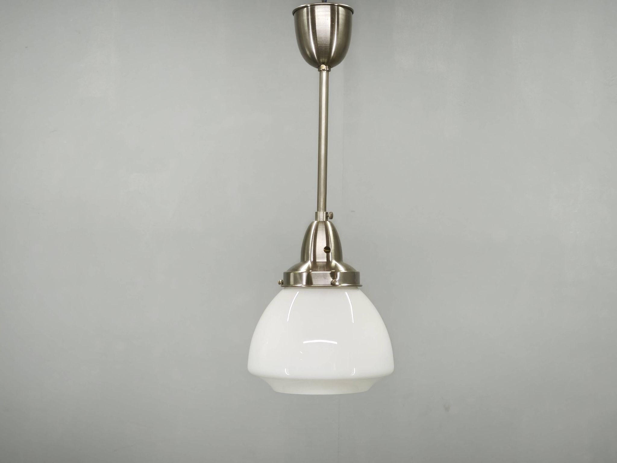Pair of 1930s Czech Art Deco Opaline Glass and Chrome Pendant Lights