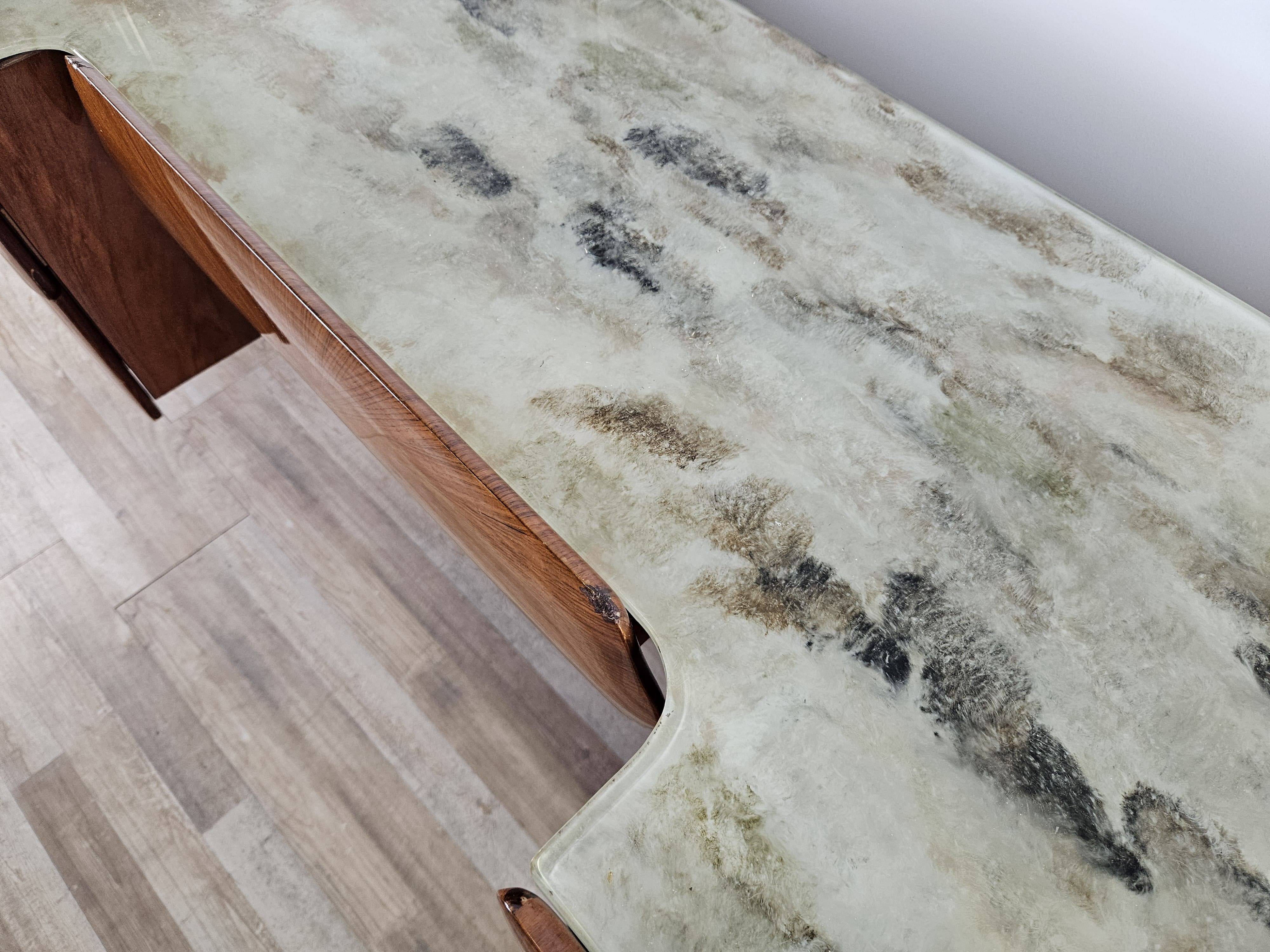 Mid Century Chest of Drawers in Mahogany, Brass and Glass