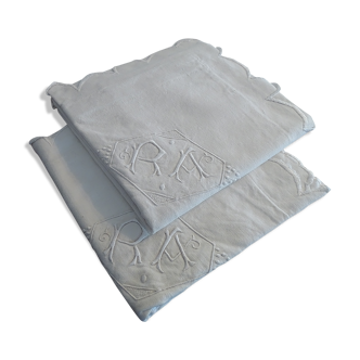 2 old embroidered pillowcases in A.R. monogrammed cotton 72 cm by 72 cm