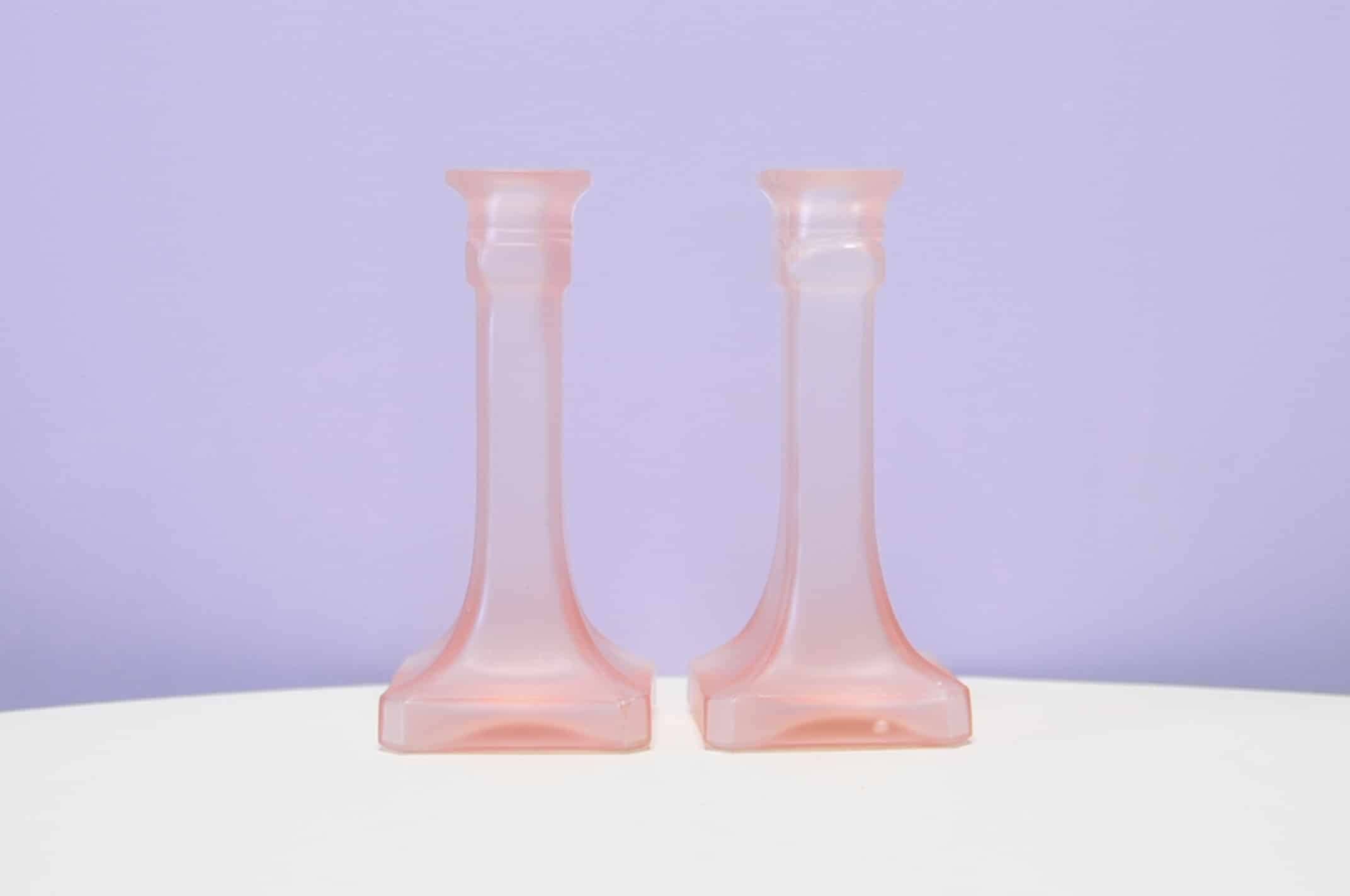 Set of 2 pink glass candlesticks