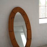 Large oval wall mirror in solid pine by Glasmäster Markaryd, Sweden, 1960s.