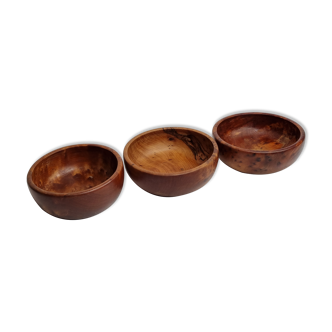 Ensemble de trois bols en bois tourné, en loupe de thuya, artisanat marocain, 13 cm