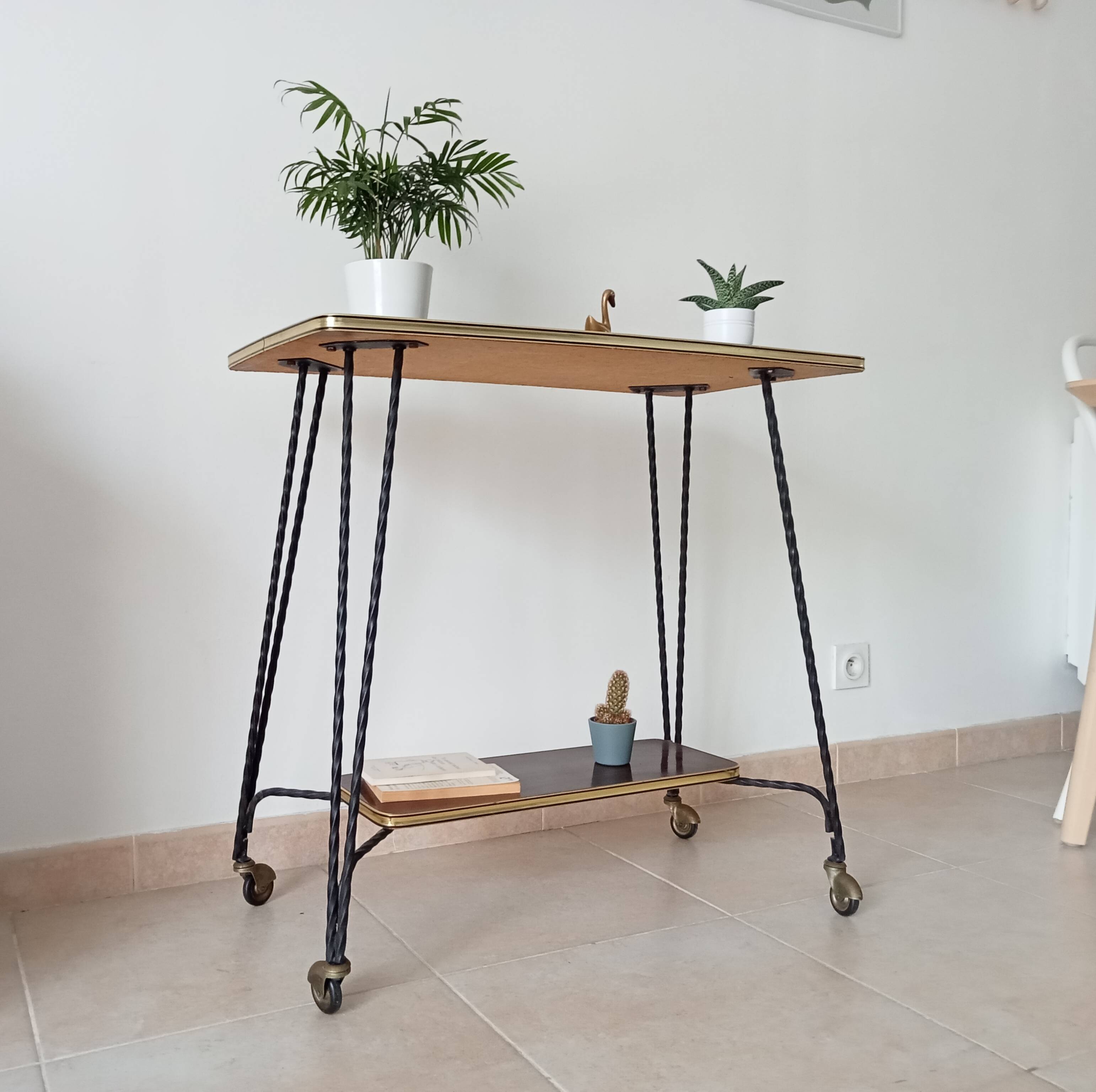 Vintage Formica and wrought iron rolling dessert trolley/side table.